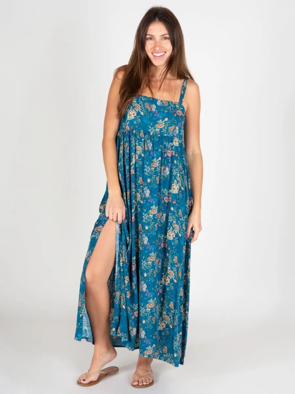 Natural LifePatti Side Slit Maxi Dress - Turquoise Cream Roses